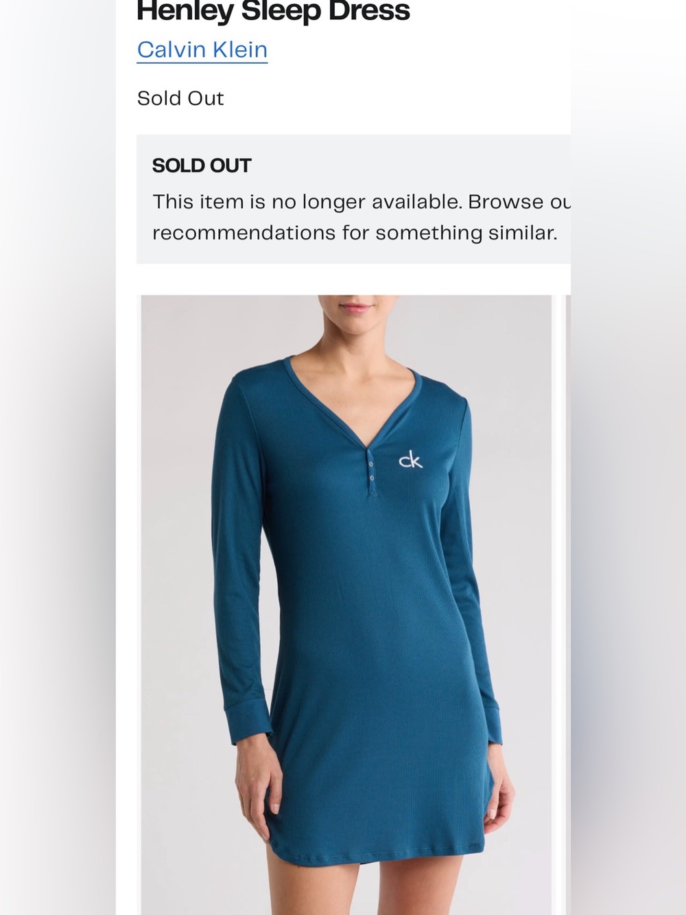 Calvin Klein Women's Teal Blue Long-Sleeve Henley Sleep Shirt Nightgown